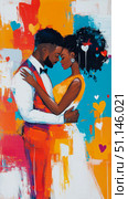 Passionate Embrace: Vibrant Abstract Painting Capturing Intimate Connection of African American Couple Surrounded by Expressive Colors and Scattered Hearts. Стоковое AI-изображение, AI-художник Данила Большаков / Фотобанк Лори