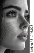 Striking monochrome close-up portrait of woman in profile, her serene face adorned with intricate water droplets and subtle freckles, highlighting her expressive eyes and long lashes. Стоковое AI-изображение, AI-художник Данила Большаков / Фотобанк Лори