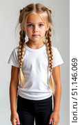 Cute blonde girl in a white T-shirt and black leggings. Portrait. Physical education uniform for school. Стоковое AI-изображение, AI-художник Ирина Гильмуллина / Фотобанк Лори