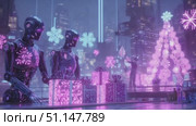 Robots admire a festive display in a futuristic city filled with neon lights and holiday decorations. Стоковое AI-видео, аниматор Ekaterina Ismagilova / Фотобанк Лори