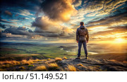 Man Standing on a Mountaintop at Sunset, Looking Out Over Vast Landscape. Generative AI. Стоковое AI-изображение, AI-художник Roman Zavorotny / Фотобанк Лори