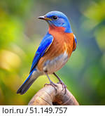 A Bluebird Perched on a Branch With a Green Blurred Background. Generative AI. Стоковое AI-изображение, AI-художник Roman Zavorotny / Фотобанк Лори