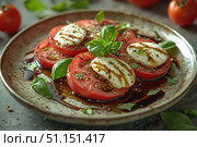 Caprese salad with ripe tomatoes, fresh mozzarella, and basil leaves drizzled with balsamic glaze on a rustic plate. Italian cuisine and gastronomic tour concept. Culinary video blog. Стоковое AI-изображение, AI-художник Ирина Михайличенко / Фотобанк Лори