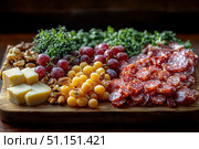 Board with an assortment of cured meats, cheeses, fresh fruits, nuts, and artisan bread arranged on a wooden board. gastronomic tour concept. Culinary video blog. Стоковое AI-изображение, AI-художник Ирина Михайличенко / Фотобанк Лори