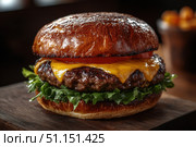 Gourmet Burger with a juicy beef patty, melted cheddar cheese, fresh lettuce, tomato, and a toasted brioche bun on a wooden board. Fast street food concept. Footage for culinary video blog. Стоковое AI-изображение, AI-художник Ирина Михайличенко / Фотобанк Лори