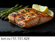 Grilled Salmon Fillet with a crispy skin, served with asparagus and lemon wedges on a black slate plate. Footage for culinary video blog. Стоковое AI-изображение, AI-художник Ирина Михайличенко / Фотобанк Лори