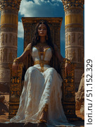 Fashion shot, creative stunning model cosplay Cleopatra rest on her throne, glamorous clothes, gold accessories, set an Egypt palace in dessert, decorate with gold, grand pillars, blue sky. Стоковое AI-изображение, AI-художник Ирина Михайличенко / Фотобанк Лори