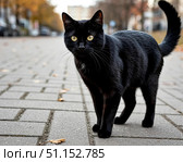 Чёрная кошка стоит на тротуаре. Стоковое AI-изображение, AI-художник Руслан Лесков / Фотобанк Лори