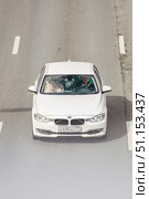 Highway with single white car BMW 3 series F30 in motion. Редакционное фото, фотограф Константин Григорьев / Фотобанк Лори