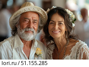 Happy elderly couple hugging each other on their wedding day, man and woman posing and looking at camera, sincerely repeating their vows. Стоковое AI-изображение, AI-художник Ирина Михайличенко / Фотобанк Лори