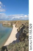 Baikal Lake on sunny August day. Vertical panoramic video of Small Sea and sandy beach of Olkhon Island. Picturesque landscape. Natural background. Summer travel and outdoor recreation. Стоковое видео, видеограф Виктория Катьянова / Фотобанк Лори
