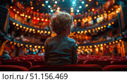 Rear view cute little child boy in theatre, looking on stage. Стоковое AI-изображение, AI-художник Ирина Михайличенко / Фотобанк Лори