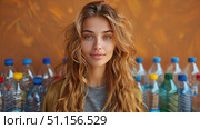 Young woman with plastic bottles for recycling on brown background. Waste sorting concept. Стоковое AI-изображение, AI-художник Ирина Михайличенко / Фотобанк Лори
