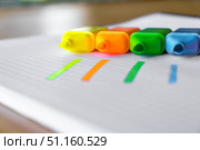 Bright multicolored highlighter pens placed in a creative row on squared paper, with bold fluorescent marker strokes showing each color. The vivid neon tones create a vibrant and playful layout, ideal for educational content, school advertising, creative workspaces and office organization concepts. Стоковое фото, фотограф Анастасия Мерчик / Фотобанк Лори