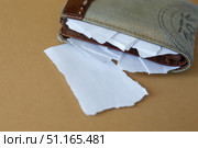 Empty wallet with pieces of paper on a plain background. Стоковое фото, фотограф Aleksandra Selivanova / Фотобанк Лори