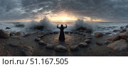 Mystical female witch performing dramatic ritual, wearing billowing black dress, standing within stone circle on misty ocean shoreline during sunrise lighting. Стоковое AI-изображение, AI-художник Юрий Поздников / Фотобанк Лори