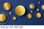 Golden circles varying in size overlapping on deep blue backdrop, forming sophisticated geometric abstract design with metallic sheen and contemporary visual impact. Стоковое AI-изображение, AI-художник Юрий Поздников / Фотобанк Лори