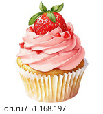 Delicate strawberry cupcake with whipped cream and fresh berries, painted in sweet watercolor tones and isolated on white background. Tempting dessert illustration. Стоковое AI-изображение, AI-художник Светлана Леуто / Фотобанк Лори
