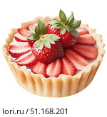 Hand-painted watercolor tart cookies with sandy base and fresh strawberry topping, isolated on white background. Perfect for patisserie menus or baking blogs. Стоковое AI-изображение, AI-художник Светлана Леуто / Фотобанк Лори