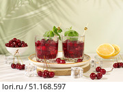 Mojito with cherry, mint, ice with tequila, vodka or soda water on elegant background, minimalist concept for bar, soft and alcoholic drink for weight loss, advertising banner for cafe. Стоковое фото, фотограф Светлана Балынь / Фотобанк Лори