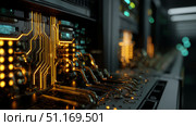 Advanced Technology Visualization: processor microchip starting artificial intelligence digitalization of neural networking and Cloud Computing. Digital lines move data, quantum computer interior, glowing qubits, hyper-detailed futuristic tech. Стоковое AI-изображение, AI-художник ALLA YURTAYEVA / Фотобанк Лори