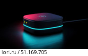Virtual assistant represented as a glowing orb of data. dot home assistant smarthome speaker. Intelligent home assistant hub, glowing touch interface, minimal style. Стоковое AI-изображение, AI-художник ALLA YURTAYEVA / Фотобанк Лори
