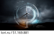 High-tech wind turbine with holographic energy stats, sci-fi interface. Solar power plant and communication network concept. Renewable energy. Smart grid. Sustainable resources. Стоковое AI-изображение, AI-художник ALLA YURTAYEVA / Фотобанк Лори