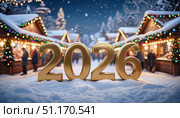 Золотые буквы 2026 на фоне Рожественской ярмарки. Стоковое AI-изображение, AI-художник Терехова Марина / Фотобанк Лори