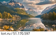 Stunning lake surrounded by towering mountains set against a cloudy sky. Стоковое AI-видео, аниматор Данила Большаков / Фотобанк Лори