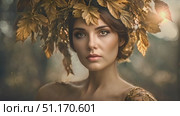 Charming woman wearing a wreath made of leaves on her head. Стоковое AI-видео, аниматор Данила Большаков / Фотобанк Лори