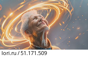 An elderly woman looks up in amazement as bright lights swirl around her during a festive gathering. Стоковое AI-видео, аниматор Данила Большаков / Фотобанк Лори