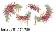 Bouquets of roses pine candles gears steam punk set watercolor. Стоковая иллюстрация, иллюстратор Андрей Золотарев / Фотобанк Лори