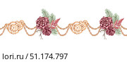 Roses pine branch chain pattern horizontal watercolor. Стоковая иллюстрация, иллюстратор Андрей Золотарев / Фотобанк Лори