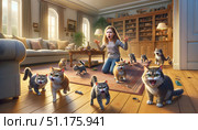In a spacious room bathed in sunlight, a girl with hands raised in exasperation kneels among several mischievous cats. The felines have overturned items and scattered toys across the wooden floor, contributing to a lively yet disorderly domestic scene. Стоковое AI-изображение, AI-художник Андрей Ка / Фотобанк Лори