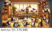 Amid a warmly lit living room, a woman gazes in astonishment at numerous cats engaging in playful antics. Toys are strewn about, cat furniture is occupied, and each cat displays its unique personality within this dynamic and humorous domestic setting. Стоковое AI-изображение, AI-художник Андрей Ка / Фотобанк Лори