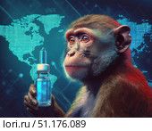 Chimpanzee features foreground, holding serum container, with a glowing world map. digital backdrop underscores scientific progress, biomedical research, dna breakthroughs, global health innovations. Стоковое AI-изображение, AI-художник Андрей Ка / Фотобанк Лори