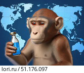 Primate examining liquid-filled vial, standing in front of global map. scientific research, exploration, and discovery depicted through monkey's precise observation in lab environment. Стоковое AI-изображение, AI-художник Андрей Ка / Фотобанк Лори