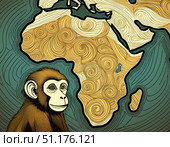 A thoughtful monkey symbolizes the ongoing impact of the Monkeypox virus across the African continent. The swirled map background highlights regional complexities. Стоковое AI-изображение, AI-художник Андрей Ка / Фотобанк Лори