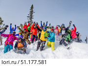 Sheregesh, Russia, 20 February 2017, Snowboarders Skiers Posing on Mountain. Редакционное фото, фотограф Spirit River / Фотобанк Лори