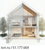 Modern glass-fronted house design merges elegance and comfort in a serene environment. Стоковое AI-изображение, AI-художник Михаил Коханчиков / Фотобанк Лори