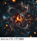 Atom with rotating electrons, energy and matter concept background. Стоковое AI-изображение, AI-художник Михаил Коханчиков / Фотобанк Лори