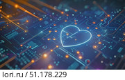 A glowing heart symbol appears against a network of circuits, showcasing the integration of technology in healthcare innovations. Стоковое AI-видео, аниматор Данила Большаков / Фотобанк Лори