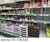 A refrigerated shelf in a supermarket with a large assortment of dairy and fermented milk products. Yogurts, puddings, desserts, curd creams and high-protein products are neatly laid out on the shelves. Individually packaged yogurts are located on the upper levels, including brands such as Valio, Yosa, Alpro and Activia. Below, drinks in plastic bottles and desserts in plastic cups are visible, placed in cardboard trays. Large packages of yogurt and protein desserts are located at the bottom of the shelf. Containers with green lids are visible on the right - probably cottage cheese or soy products. The atmosphere of the photo conveys the familiar look of a grocery store with a variety of products to choose from. (2019 год). Редакционное фото, фотограф Анна Кривицкая / Фотобанк Лори