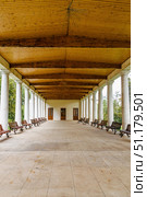 Ostafyevo Estate. Outdoors gallery with wooden ceiling. The former country estate of the Vyazemsky-Sheremetevs in the village of Ostafyevo. Редакционное фото, фотограф Константин Григорьев / Фотобанк Лори