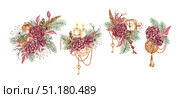 Bouquets of roses pine candles steam punk set watercolor. Стоковая иллюстрация, иллюстратор Андрей Золотарев / Фотобанк Лори