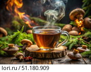 Steaming Cup of Tea With Mushrooms and Fire in the Background. Generative AI. Стоковое AI-изображение, AI-художник Roman Zavorotny / Фотобанк Лори