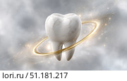 3D marble tooth surrounded by glowing ring in cosmic background. Стоковое AI-изображение, AI-художник Katsiaryna Repich / Фотобанк Лори