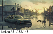 A deserted town experiences severe flooding at sunset, with cars partially submerged and debris scattered across the streets. Стоковое AI-видео, аниматор Данила Большаков / Фотобанк Лори