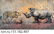 Savannah Showdown: Stealthy Cheetah Confronts Mighty Rhino. Стоковое AI-изображение, AI-художник Konstantin Plotnikov / Фотобанк Лори