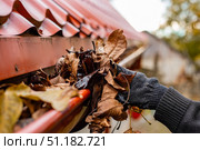 A gloved hand clears the gutter of a red tile roof of fall leaves, preventing clogs and water damage. Стоковое фото, фотограф Коханова Наталья / Фотобанк Лори
